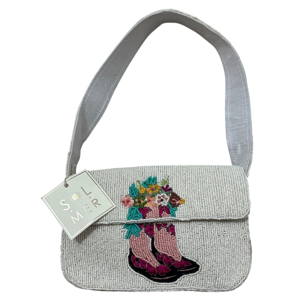 Sol & Mer Beaded Cowboy Boot Floral Shoulder Bag White Horseshoe Purse NEW
